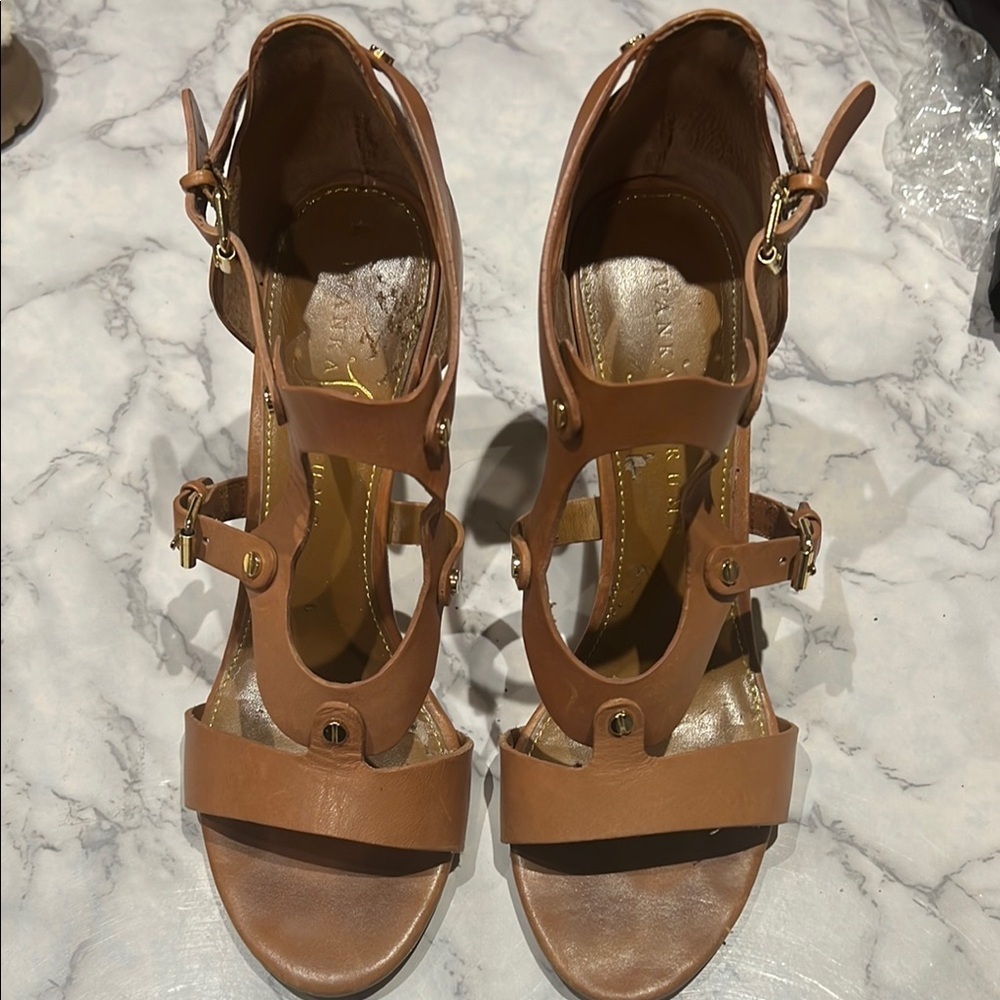 Ivanka Trump Tan Strappy Sandals with Block Heel B03